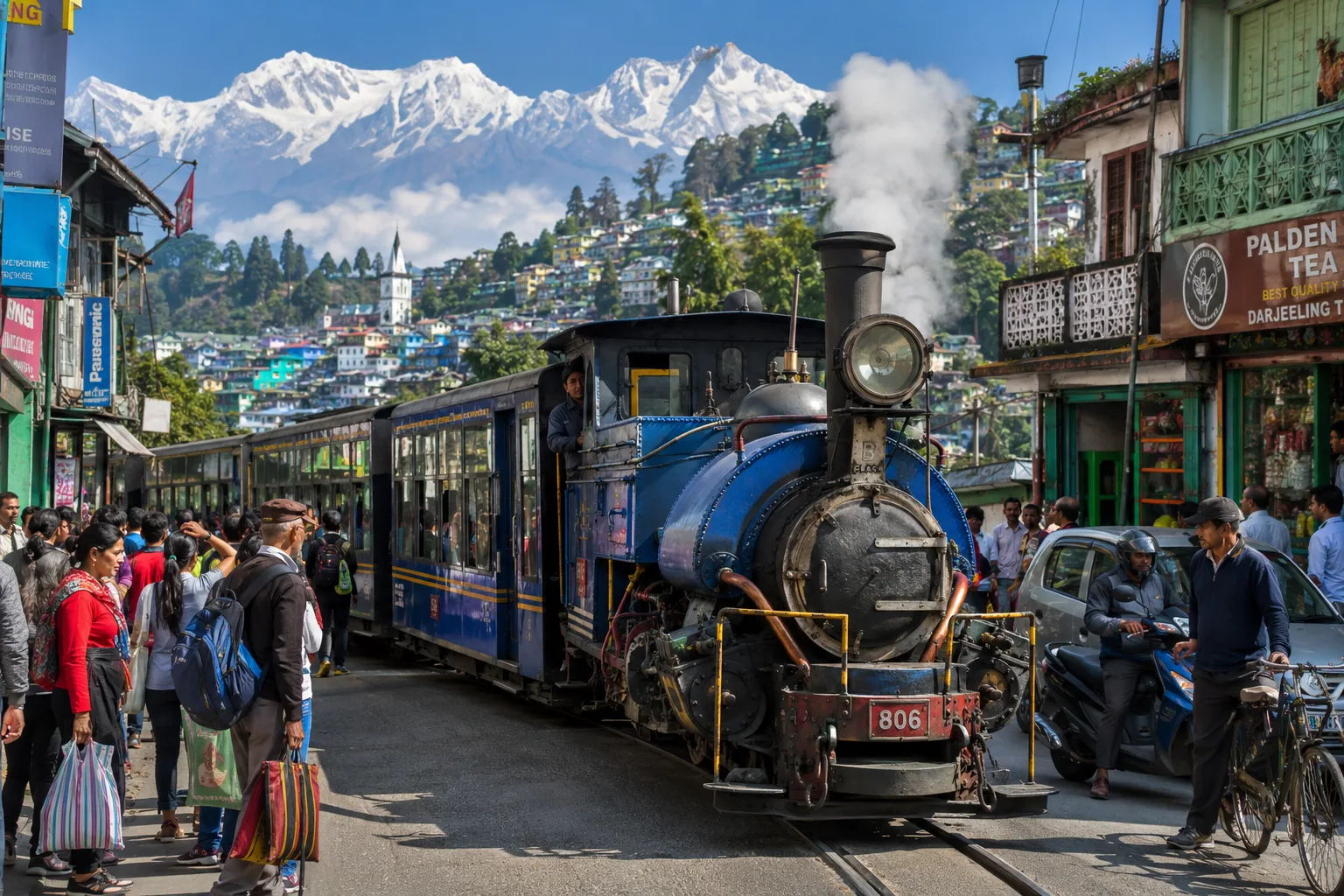 Darjeeling toy train passing through the town market
