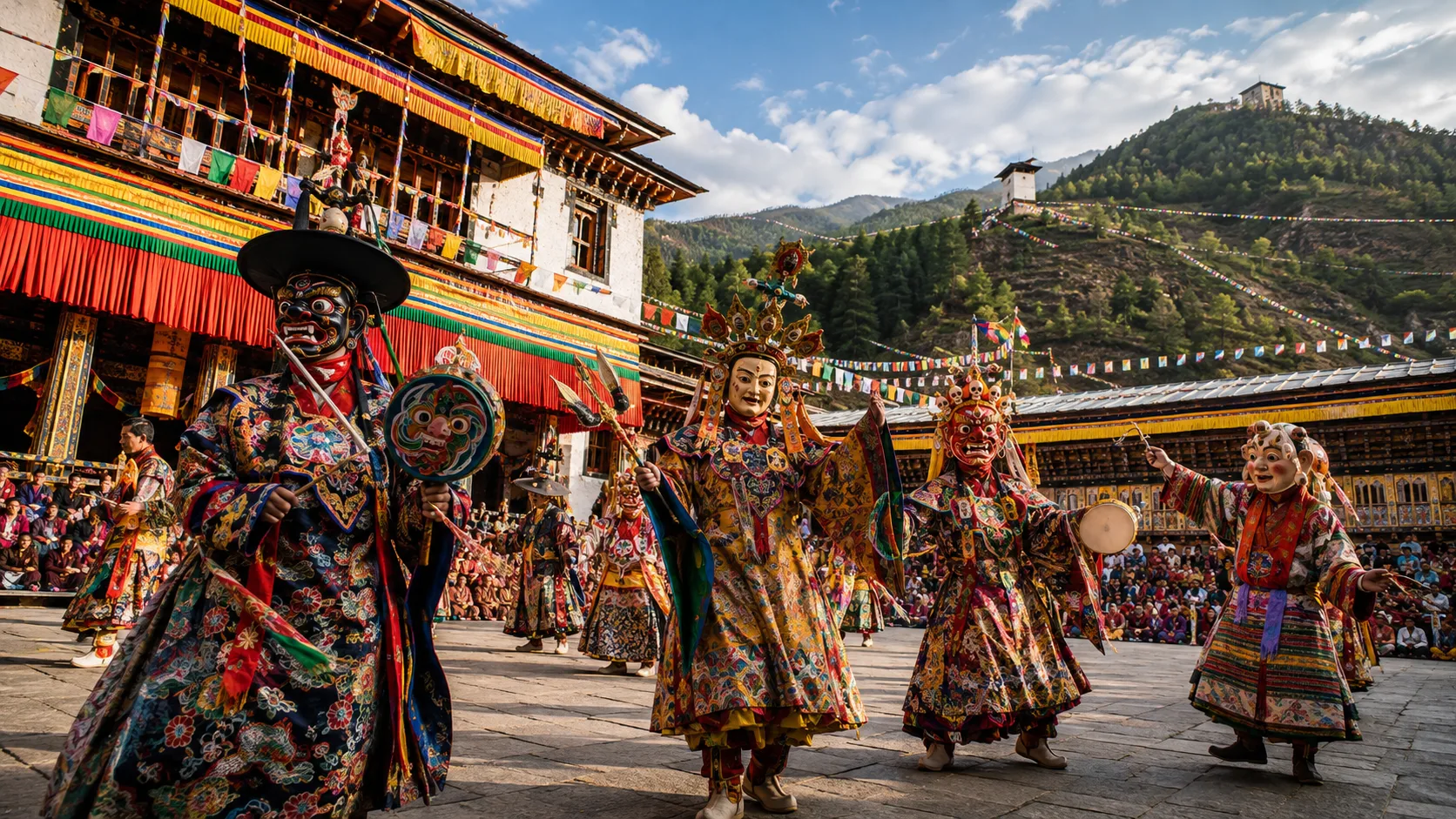Masked dancers at a tshechu festival in Bhutan